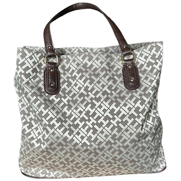 NEW Tommy Hilfiger Large Beige Tote Bag Brown Leather Trim - Picture 12 of 13